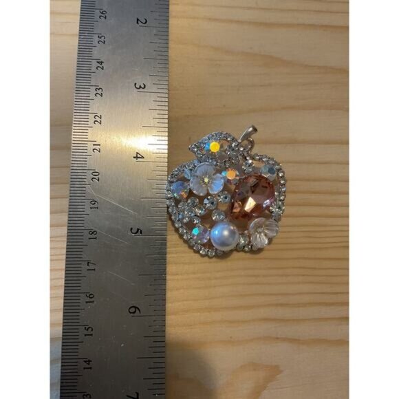 Rhinestone Apple Brooch With Floral & Pearl Accents - Picture 4 of 4